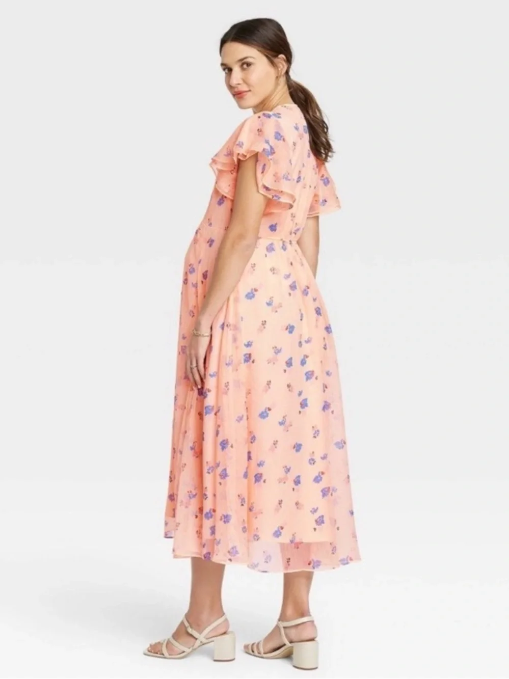 The Nines x Hatch Maternity Peach Floral Flutter Sleeve Midi Dress Bump Friendly